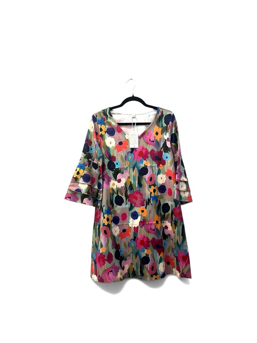 NWT Bold Watercolor Modern Floral Bell Sleeve V-Neck Shift Dress, S